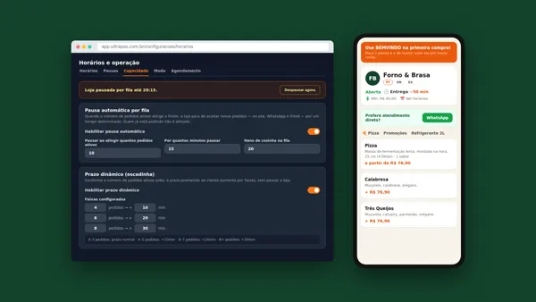 Tela de configuração de capacidade do UltraPOS com pausa automática por fila e degraus de prazo