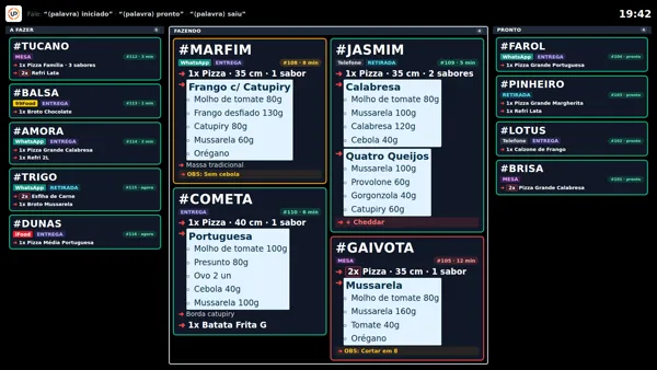 Tela da cozinha do UltraPOS em tela cheia com cards de pedidos, tempos e a palavra identificadora #GAIVOTA